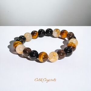 Smoky Quartz, Golden Healer Quartz, Tiger Eye Bracelet 10mm Natural Stones
